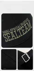 Detail view of cotton baseball cap with military embroidery and metal adjustment buckle