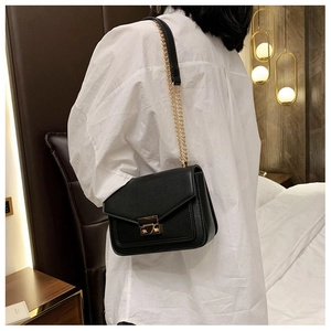 Detail of black crossbody bag with gold metallic clasp and chain leather strap