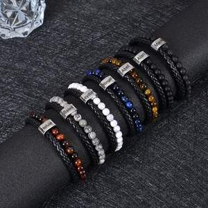 Custom braided leather and natural stone men's bracelet with engraved name steel charms