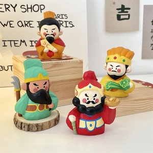 Macro detail of hand-carved Three Kingdoms wooden figurines with rich wood grain texture