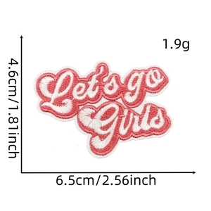 Detail view of Let's go Girls pink embroidered patch with size 6.5x4.6cm measurements