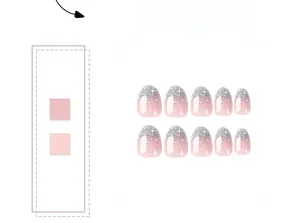 Close-up of pink gradient press-on nails with silver glitter tips and star patterns
