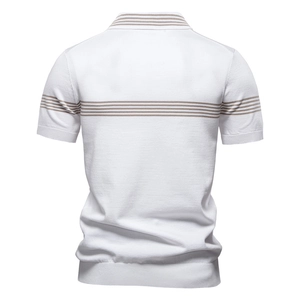Men's white knitted polo shirt with brown horizontal stripes and ribbed cuffs back view