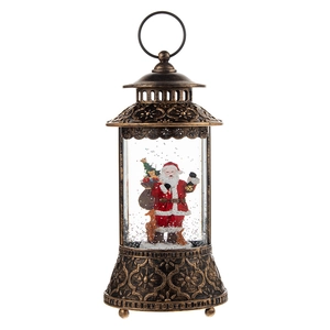 Vintage bronze Christmas snow globe lantern with Santa Claus and reindeer holiday decor