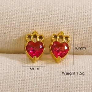 14K gold plated crown heart earrings with red zircon, 10mm height, weighing 1.5g