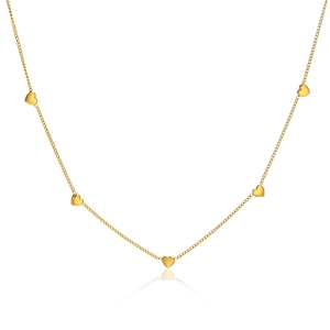 Elegant gold titanium heart necklace with five small pendants on a white reflective surface