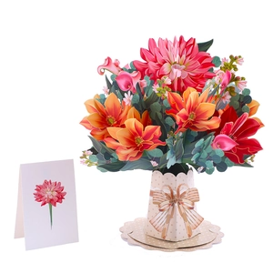 Detailed view of 3D pop-up paper flower bouquet with vase base and mini gift card