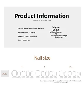 Tableau détaillé des tailles pour faux ongles faits main en XS, S, M avec mesures