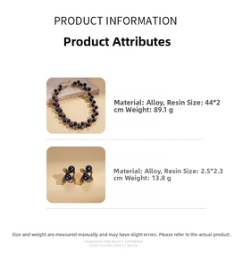 Deep blue bead necklace and golden alloy earrings set with product dimensions