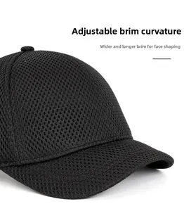 Close-up of black breathable mesh baseball cap with wide foldable brim for face shaping