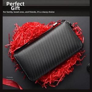 Men's carbon fiber wallet with metal zipper on a heart-shaped red festive background