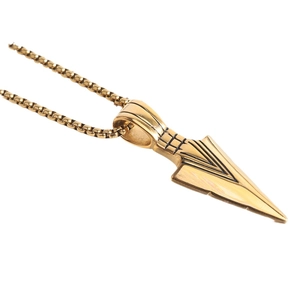 Golden stainless steel arrowhead pendant necklace with geometric patterns on a box chain