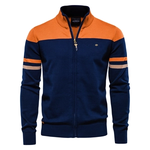 Gilet en maille ajusté pour homme avec fermeture éclair et rayures marine et orange
