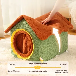Closed sunflower cat house bed with high rebound sponge and orange plush roof top