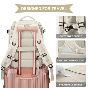 Travel backpack featuring luggage strap, chest buckle and anti-theft zipper pocket detail