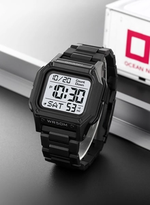 Detailed 45-degree angle view of SKMEI black digital sports watch with 50M water resistance