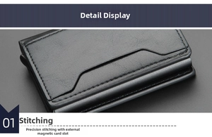 Detail view of precise stitching and external card slot on black leather wallet