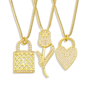 Élégant Collier Pendentif Cœur Serrure Tulipe Pour Femmes Cuivre Plaqué Or 18K Zircone Bijoux De Luxe Cadeau