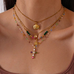 Böhmische Halskette Lagenlook Legierung Bunte Perlen Kreuz Herz Muschel Sonne Anhänger Strass Mode Damen