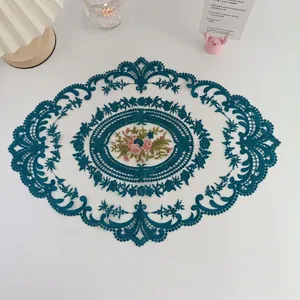Oval dark cyan lace placemat with floral embroidery for vintage table decor