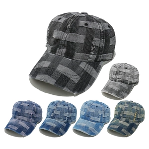 Distressed Washed Denim Baseball Cap Retro Woven Checkered Frayed Edges Cotton Adjustable Outdoor Sun Hat Unisex