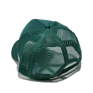 Detail of dark green trucker hat featuring breathable mesh back and adjustable snapback closure