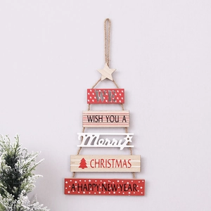 Tiered wooden Christmas tree wall hanging decoration with festive greetings on grey backdrop