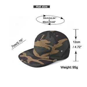 Detailed size chart of camouflage 5-panel flat brim hat with 56-60cm head circumference