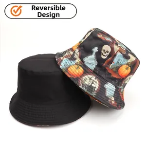 Detail of reversible fisherman hat showing Halloween prints with skulls and pumpkins