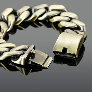 Industrial style antique gold Cuban link bracelet for men with brushed metal clasp
