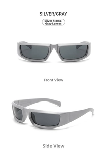 Detail view of silver Y2K punk sunglasses showing front and side profile with gray lenses