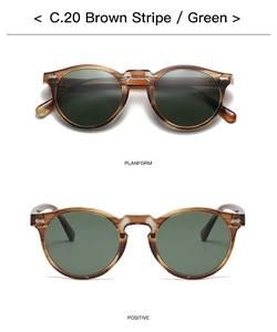 Draufsicht und Vorderansicht der runden Retro-Kindersonnenbrille mit braun gestreiftem Rahmen