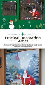 Close-up of colorful Christmas window stickers with Santa, snowman and snowflake patterns