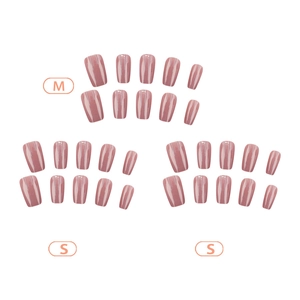 Glossy solid color press-on nails in rose pink ballerina shape, S and M size set