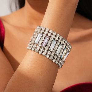 Detailed close-up of multi-row rhinestone bracelet featuring AB crystals on silver setting
