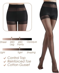 Detail of 20D sheer black tights with control top and reinforced toe on white background