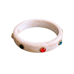 Vintage acrylic bangle with marble pattern and colorful rhinestones in gold settings