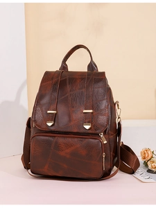 Detail eines braunen Vintage-Rucksacks mit Lederstruktur und goldenen Reißverschlüssen