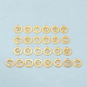 Set of 26 gold hollow circular stainless steel alphabet pendants with A-Z letter engraving