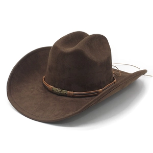 Western Cowboy Hat Suede Vintage Fedora Jazz Cap Wide Brim With Metal Skull Badge Woven Band For Men Women