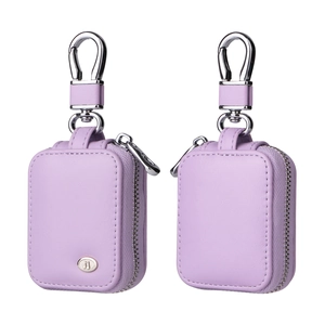 Detail view of lavender leather AirPods case with metal carabiner and music note logo