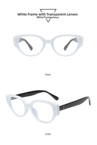 Detail of white cat eye glasses frame with metal rivets and black side temples