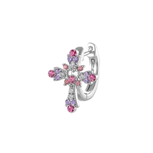 Bohemian silver hoop earring with cross pendant featuring pink and purple gemstones
