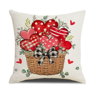 Linen Valentine's Day pillow case featuring a heart flower basket and plaid bow design