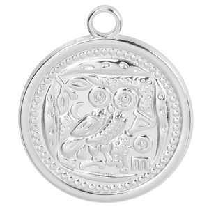 Macro shot of silver stainless steel owl coin pendant with Athena relief and AΘΕ engraving