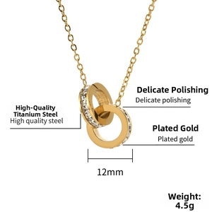 Detailed view of gold titanium double ring pendant with clear zircon and dimensions