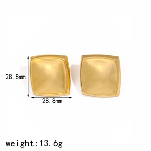 Polished 18K gold-plated square stainless steel studs with convex design, 28.8mm size