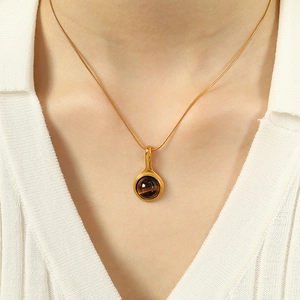 Elegant 18K gold plated titanium necklace with round brown tiger eye stone pendant for women