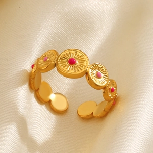 18K Gold Plated Stainless Steel Adjustable Open Ring For Women Vintage Bohemian Pink Enamel Sunray Geometric Round