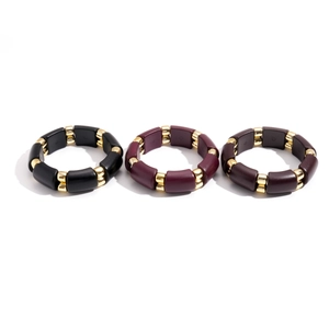Ethnic retro acrylic oval beaded bracelet set in black and deep purple with gold beads
